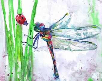 Dragonfly Art Insect Print  Abstract Watercolor Flowers Painting, dragonfly Gifts, Watercolour, Wall art, dragonfly print, ladybug art