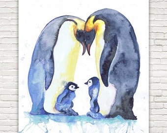 Emperor Penguin family watercolor print, Baby Twins  Antarctica Arctic Nursery decor by Valentina Ra