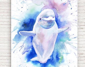 Beluga Whale Print, Ocean Nursery, Animal Art Watercolor Painting, Under the Sea life for Nautical , Bathroom Decor