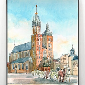 Krakow painting Poland Wall Art Print Europe Watercolor , european city print, travel poster