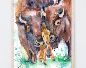 Bison Painting Buffalo Watercolor, Art Print, Animal Family Illustration, Wildlife art,Nursery decor by Valentina Ra