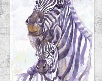 Zebra Art Watercolor Print, Safari Nursery decor, Baby and Mother Animals  Painting