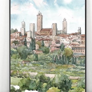 San Gimignano painting Italy Landscape, Tuscany art print Watercolor, Europe skyline wall art