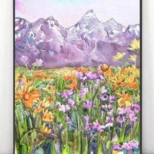 Grand Teton  Mountains Wall Art Print National park Art Poster - Wild flowers Watercolor Painting