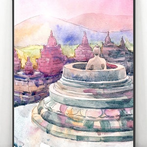 Indonesia Wall Art Print, Borobudur Watercolor - Java travel print  Buddhist art Asian Travel Poster Oriental landscape  painting
