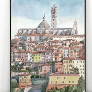 Siena painting  Italy art print, Tuscany Watercolor Landscape , Europe skyline wall art