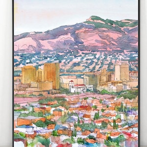 El Paso Art Print Texas Skyline Watercolor Painting, TX Landscape, Watercolor Cityscape Wall Art, City print Travel Poster