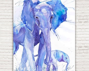 Elephant  Mother and  Baby Art Print, Gift for grandchild  baby boy, Blue Watercolor Painting  Safari Nursery Decor by Valentina Ra