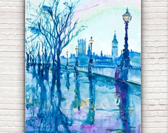 London Wall Art Print, Abstract  Cityscape, Water color Painting London Skyline art,  Big Ben Sketch , City art British theme