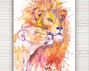 Lion Wall Art, Lioness Animal  Watercolor painting, Illustration print, Wildlife art, Abstract, Living room decor by Valentina Ra