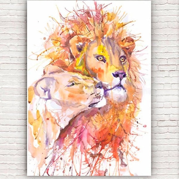 Lion Wall Art, Lioness Animal  Watercolor painting, Illustration print, Wildlife art, Abstract, Living room decor by Valentina Ra