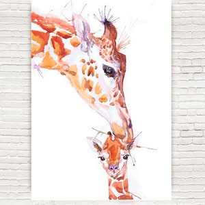 Giraffe Mother and baby Art Print, Safari Animals  Watercolor Painting  Nursery Decor Wildlife Wall Art  Kids room Illustration Playroom