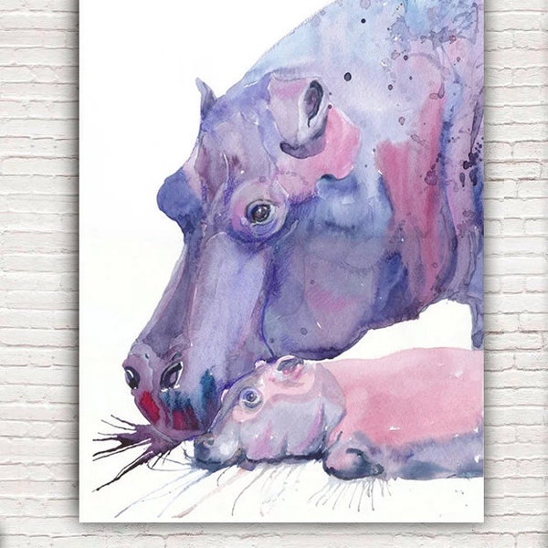 Hippo Art Hippopotamus, Baby Mother Animals Watercolor Family Portrait, Safari Nursery Decor, Water color Painting, Jungle Print