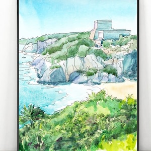 Tulum Print Mexico Art, Mayan pyramid - Latin America City Skyline - Watercolor painting Travel Poster, Beach wall art