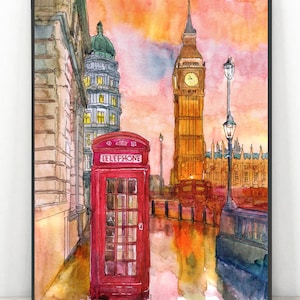 London Skyline Kunst, Aquarell Malerei Big Ben Skizze, Britisches Thema London Wall Art Print, Abstraktes Stadtbild