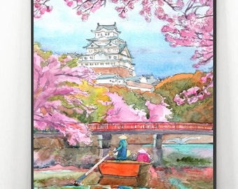 Japan Cherry blossom art print, Himeji castle Watercolor painting  Asian Travel Poster - Oriental landscape