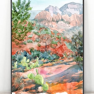 Sedona Art Print Arizona Watercolor Painting ,  Cathedral Rock Hiking wall art,  Oak Creek Canyon Red Rocks Travel Poster