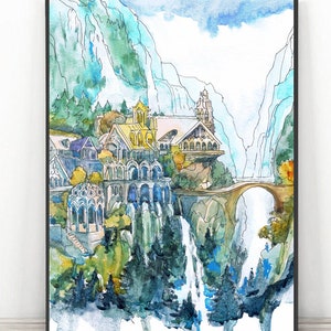 May include: Watercolor painting of a fantasy landscape with a waterfall, bridge, and buildings. The artwork features a mountain backdrop with a waterfall cascading down to a forest. The buildings have gold and white accents, and the overall color palette is blue, green, and yellow.