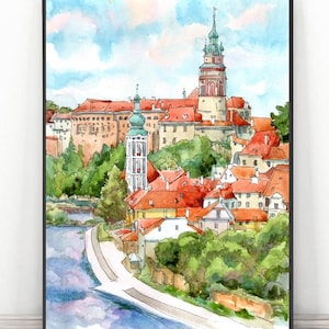 Cesky Krumlov art, Czech Republic Watercolor Print - European painting