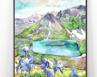 Silverton CO Art Print, Island Lake Watercolor Painting, Colorado San Juan Mountains poster
