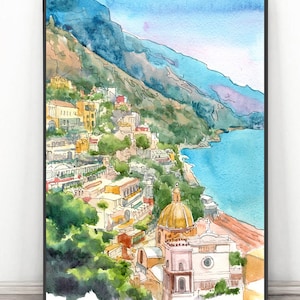 Positano Painting Amalfi coast Art Print  Italy poster Watercolor Painting, Italy Wall art European city print, Seascape Vibrant wall art