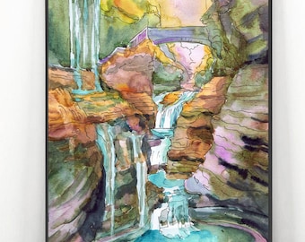 Watkins Glen Art Print, NY state Park Original Watercolor Painting, Rainbow Falls Poster