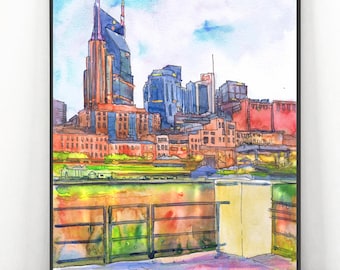 Nashville Watercolor Painting Print, Tennessee Art Travel Poster