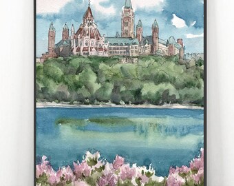 Ottawa Cityscape Art Print, Canada Travel Watercolor Painting by Valentina Ra