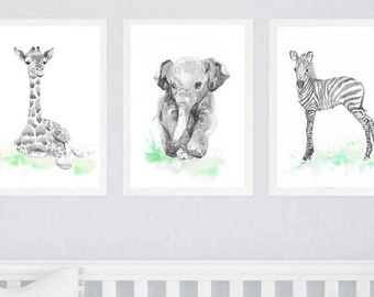 Neutral Nursery Decor, Set of 3 prints, Baby Animals Nursery, Watercolor Painting Safari Wall Art Watercolour Print New baby Gift Green Gray