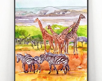 Serengeti Kunst, Afrikanische Landschaft Tansania Wand Kunst Aquarell Malerei, Reise Poster, Safari Landschaft Nationalpark Kunst