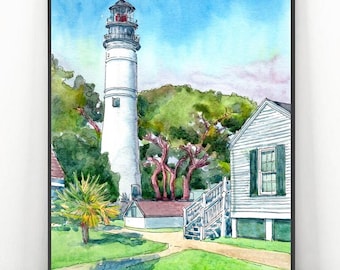 Key west Lighthouse Art Print: Florida Coastal  Watercolor Painting