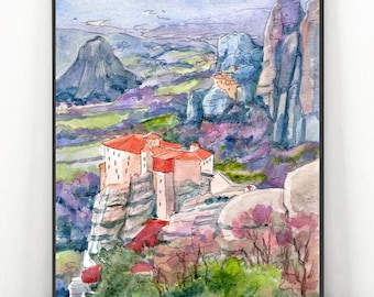 Meteora Art Print Greek Watercolor Landscape, Greece Monasteries Painting