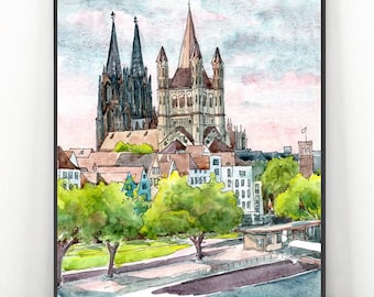 Cologne Art Print, Germany Watercolor painting, Europe City Wall Art