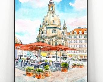 Dresden Art Print, Germany Watercolor painting, Frauenkirche Artwork