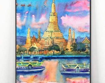 Bangkok Wat Arun Watercolor Art Print: Thai Travel Poster