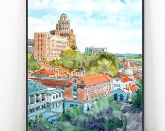 Hot Springs, Arkansas Skyline Print from Original Watercolor Painting by Valentina Ra, City Art