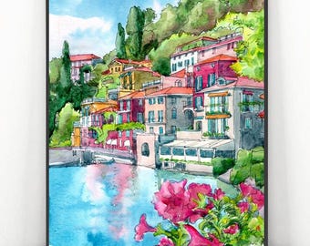 Como Lake Art Print, Italy Painting Watercolor, Europe city travel poster
