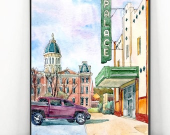 Marfa TX Art Print Watercolor Painting, Texas City Travel Poster Cityscape Wall Art