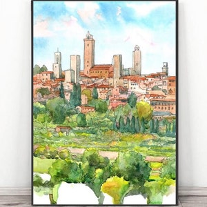 San Gimignano art print Italy painting , Tuscany Landscape Watercolor, Europe skyline wall art