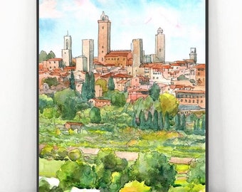 San Gimignano painting Italy Landscape, Tuscany art print Watercolor, Europe skyline wall art