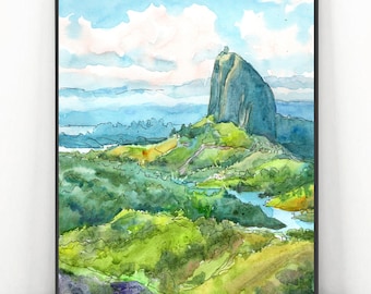Colombia Art Print Guatape Watercolor Painting, Latin America landscape
