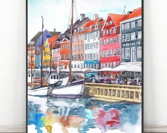 Kopenhagen Print Dänemark Wandkunst, Europa skyline - Aquarell Malerei Print