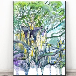 May include: Watercolor painting of a whimsical gothic-style house built into the branches of a large tree. The house has a yellow and purple color scheme and is surrounded by lush green foliage.