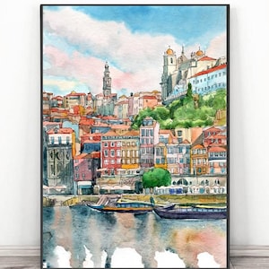 Arte de Oporto, Portugal: pintura en acuarela, impresión de ciudad antigua europea, regalo de recuerdos de viaje