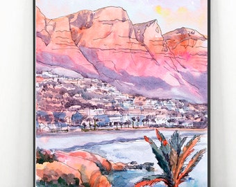 Cape Town Art Print - San Junipeiro Travel poster Wall Art,  South Africa Cityscape Watercolor Painting