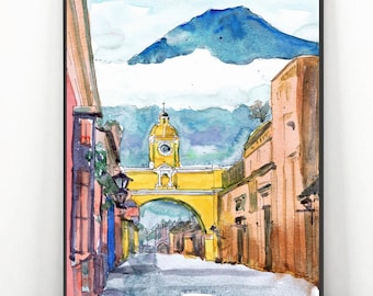 Antigua Guatemala  Art, Central America City Skyline -  Old Guatemala Print Watercolor painting -  Travel Poster, cityscape by Valentina Ra