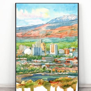 Reno NV Art Print Skyline, Nevada Wall Art Cityscape Pintura em aquarela, paisagem urbana