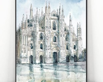 Milan Cathedral Art Print Italy Watercolor Painting European Poster by Valentina Ra