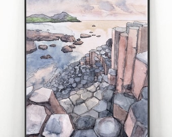 Giants Causeway Art, Northern Ireland landscape, Irish Watercolor Painting Print