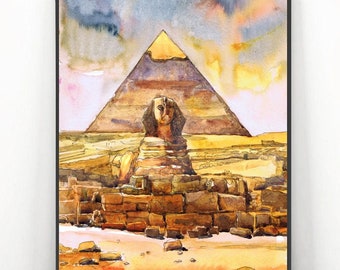 Ägypten Pyramiden, Sphinx Kunstdruck, Afrikanische Altstadt Landschaft, Antike Architektur Wand Kunst Aquarell Malerei, Kairo Gizeh Reise Poster